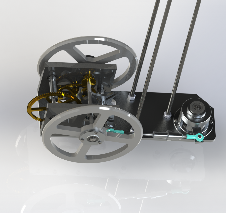 SolidWorks 最终详细渲染 — 凸轮转向机构、减速齿轮、驱动车轮与摄像头支架。